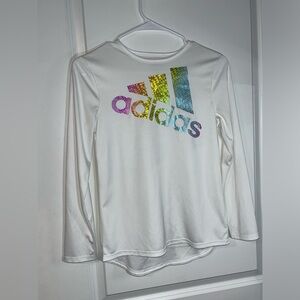 Adidas White Long Sleeve Scoop Neck Climalite Top Rainbow Decal Logo Size Large